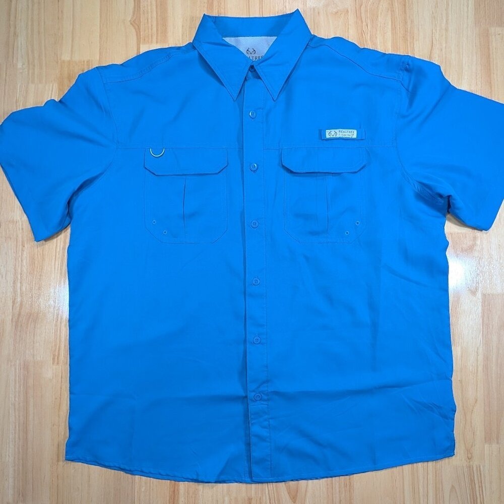 Realtree Fishing Shirt Men XL Blue Short Sleeve Button Up Vented